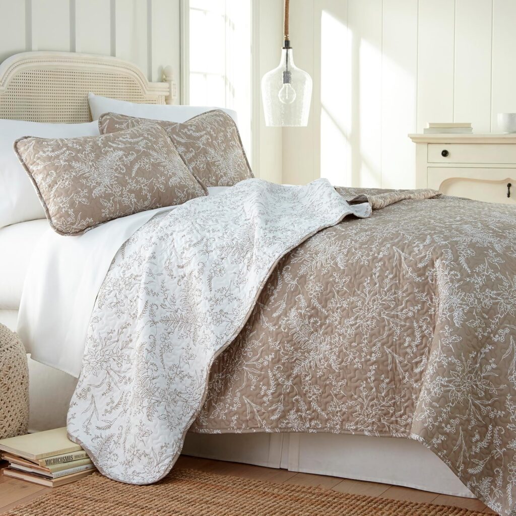 Brown tan white matelasse floral coverlet