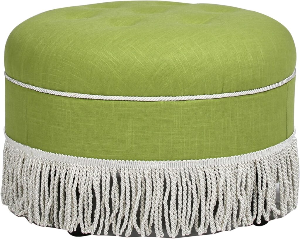 Chartreuse ottoman round with white fringe Round chartreuse linen ottoman with white trim