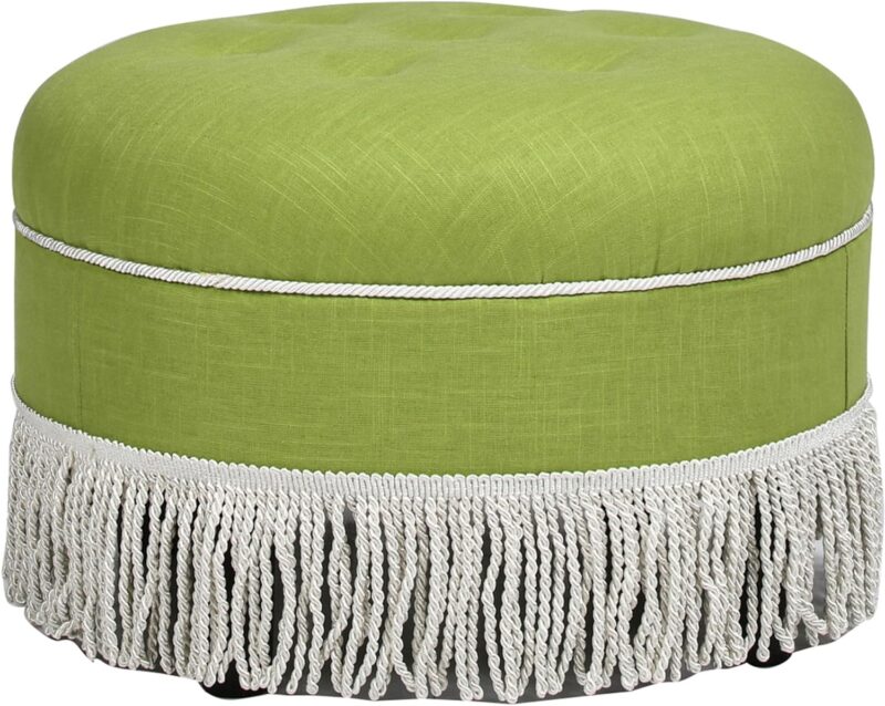 Round chartreuse linen ottoman with white trim