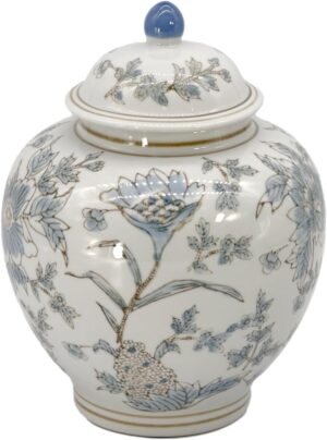 White & Light Blue Floral Chinoiserie Ginger Jar 10" with Lid