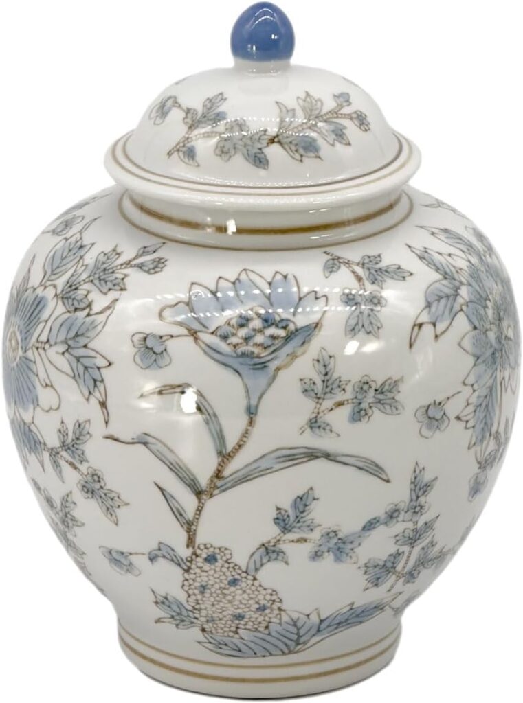 White & Light Blue Floral Chinoiserie Ginger Jar 10" with Lid