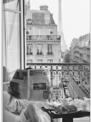 BLACK & WHITE ART PHOTO, PARIS HOTEL READING NEWSPAPER, 24 x 32