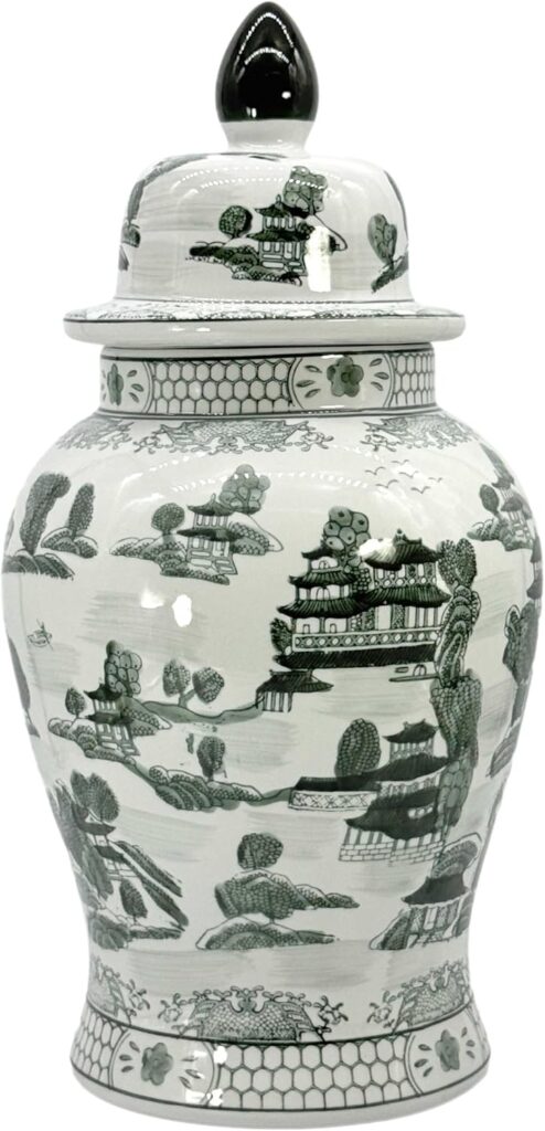 BLACK & WHITE CHINOISERIE LIDDED TEMPLE JAR, 25"