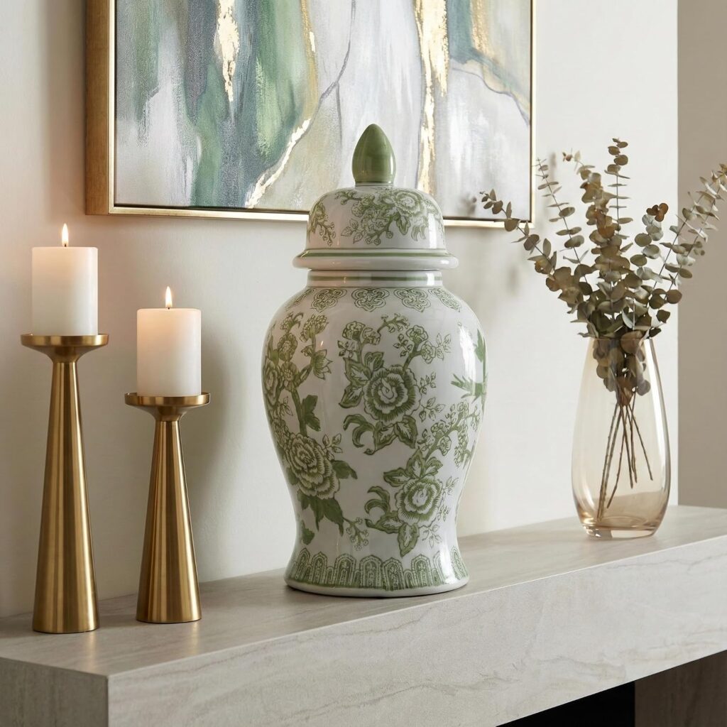 GREEN CHINOISERIE TEMPLE JAR, 18"