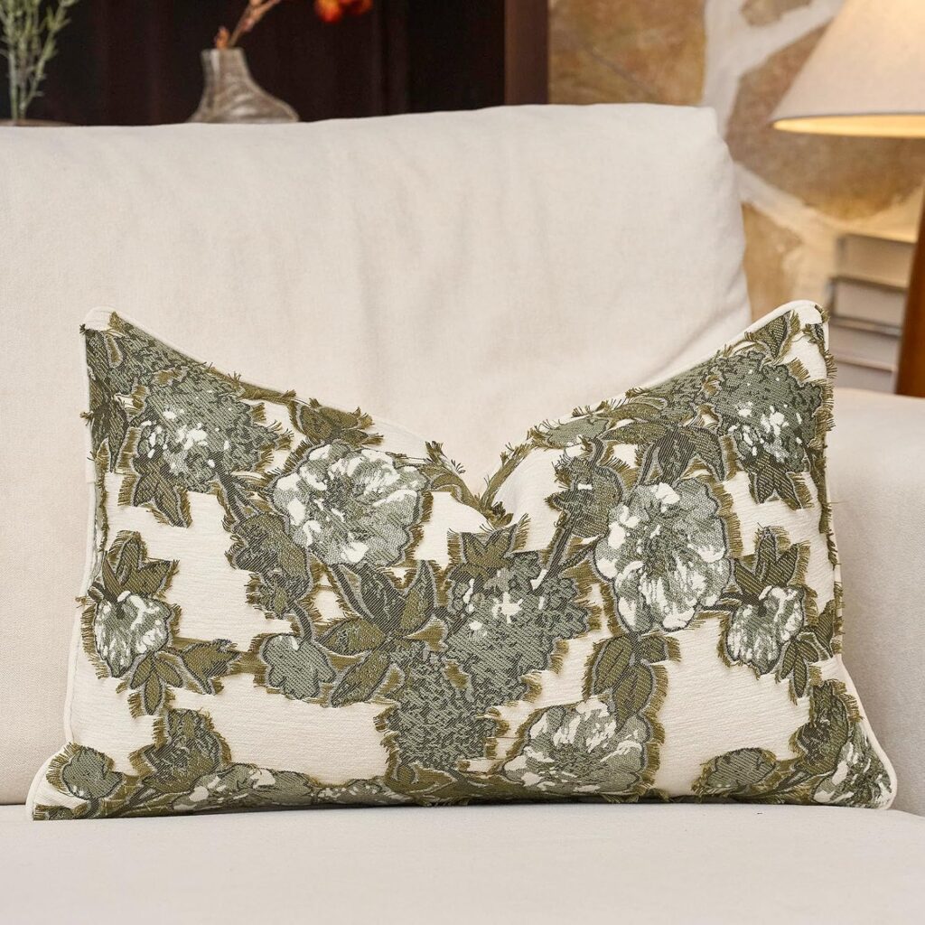 OLIVE GREEN FLORAL LUMBAR PILLOW