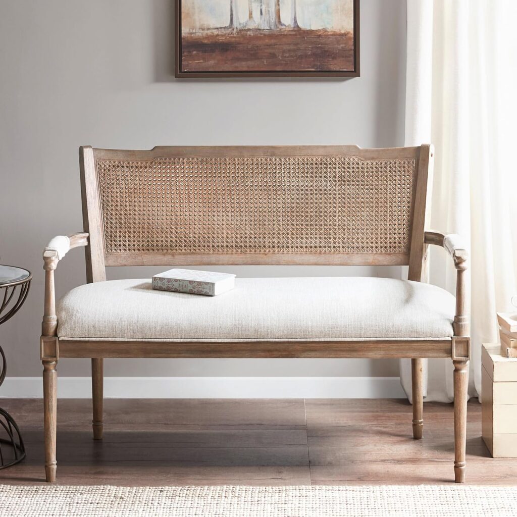 NATURAL RATTAN UPHOLSTERED ENTRY BENCH