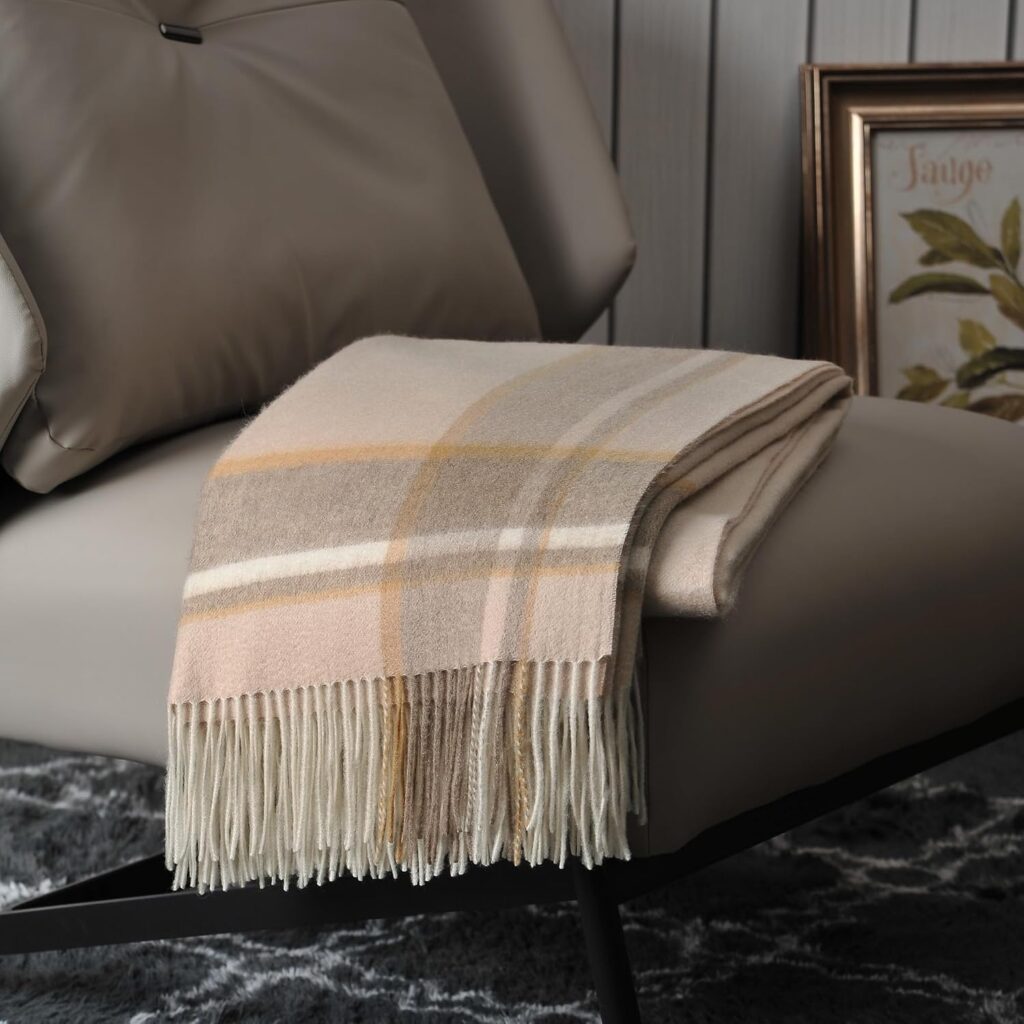 SOFT PLAID CASHMERE THROW BLANKET, BEIGE