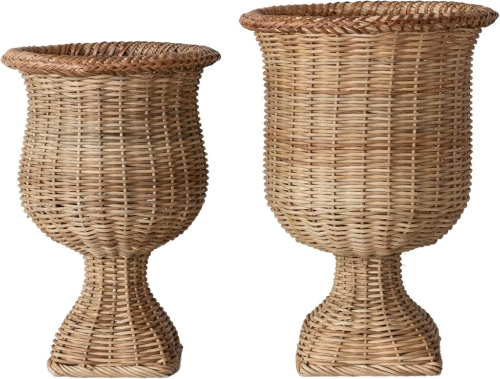NATURAL WOVEN RATTAN URNS, SET OF 2