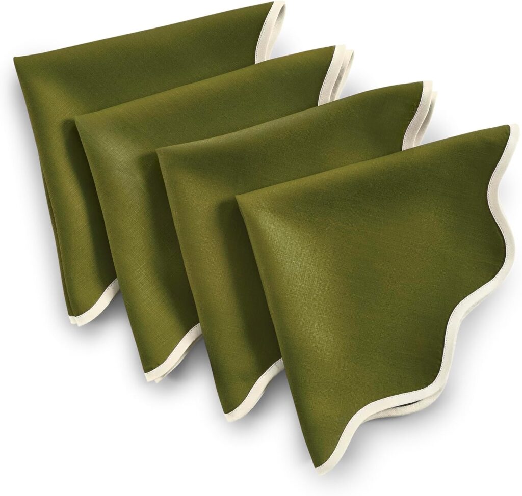 SET OF 4 OLIVE GREEN SCALLOPED LINEN NAPKINS