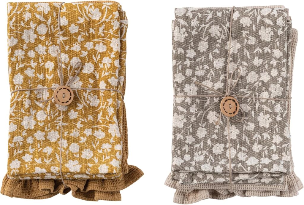 YELLOW & GREY FLORAL FARMHOUSE KITCHEN TOWELS, SET OF 2