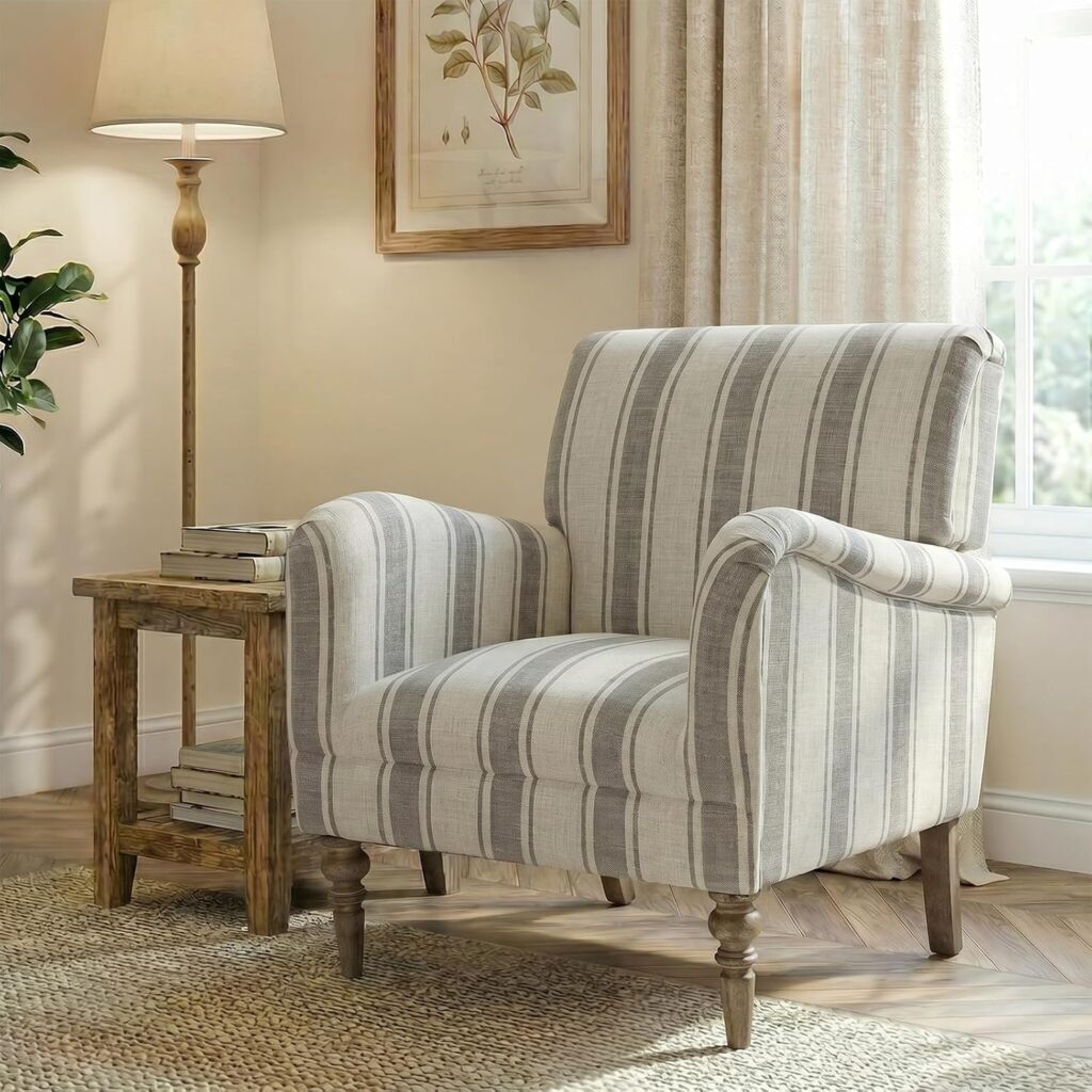 GREY STRIPE UPHOLSTERED CLUB CHAIR