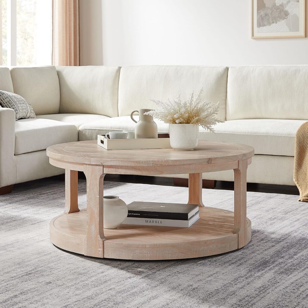ROUND TWO-TIER LIGHT WOOD COFFEE TABLE, 40"