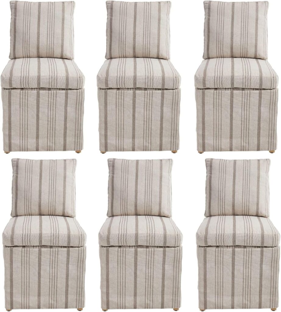 SET OF 6 KHAKI STRIPE ARMLESS DINING CHAIRS