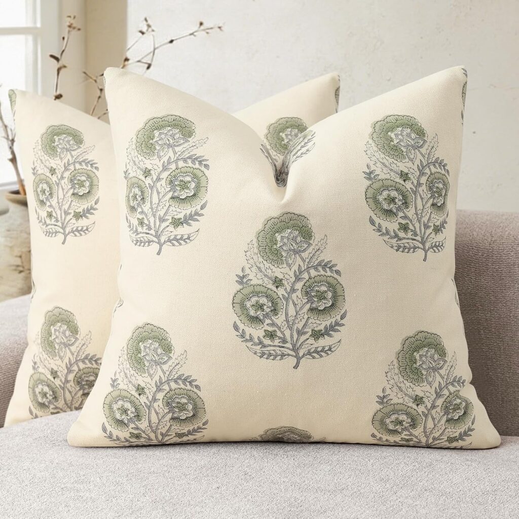 VINTAGE FLORAL LIGHT GREEN & CREAM THROW PILLOW COVER, SET OF 2